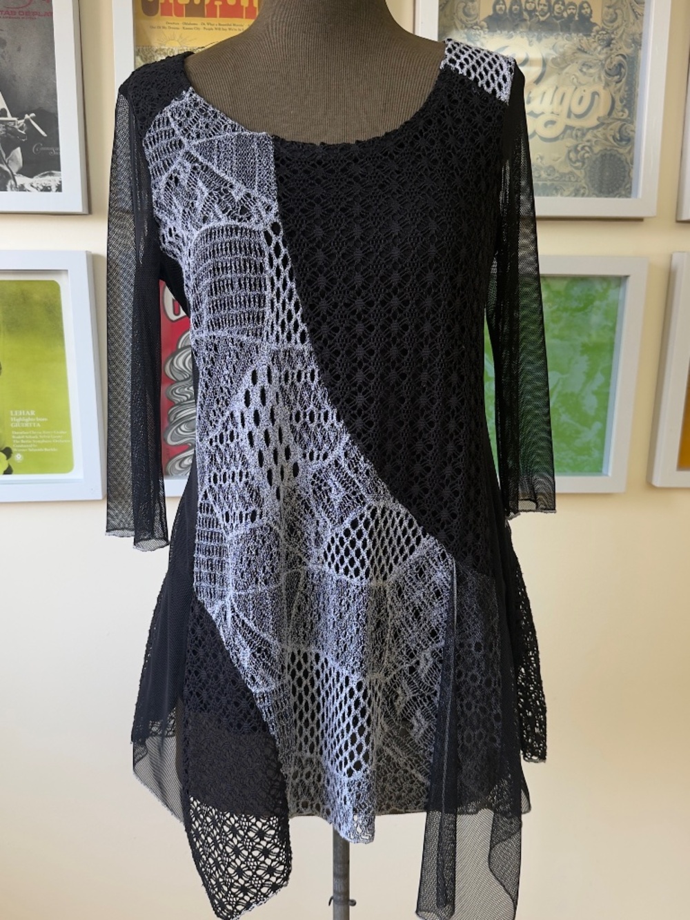 Y2K Black Crochet Patchwork Tunic Top/Dress | Sheer Mesh | Boho Fairy Grunge